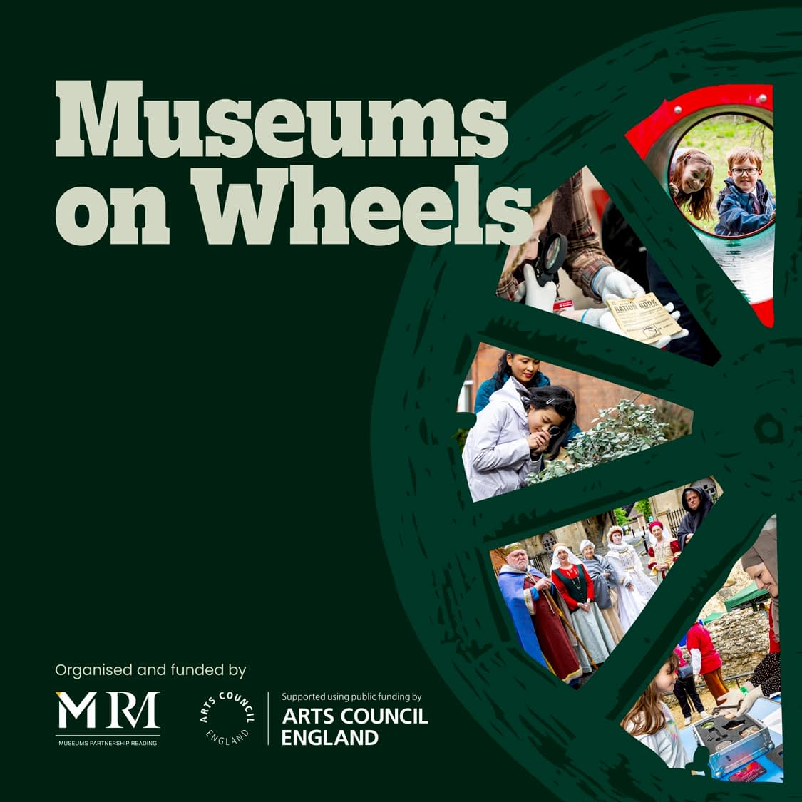 Museums on Wheels logo showing images of Reading Museum and The MERL between the spokes of a wagon wheel
