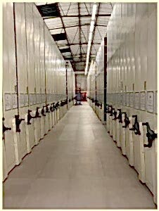 An image showing numerous rows of roller racking disappearing into the distance. A blue ladder at the far end is dwarfed by the height of the racks.