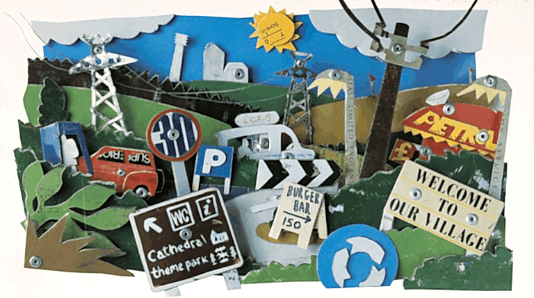 "Cluttered Countryside." A pastiche of different technologies and activities that disrupt the English countryside - from cars, to petrol stations, to tourism.