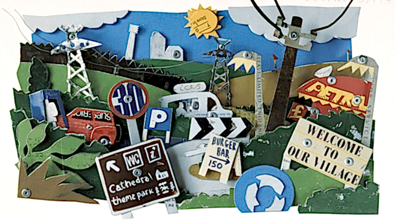 "Cluttered Countryside." A pastiche of different technologies and activities that disrupt the English countryside - from cars, to petrol stations, to tourism.