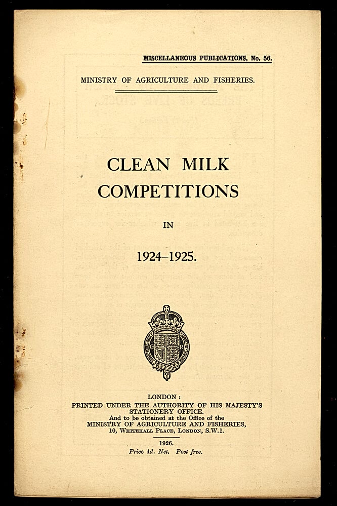 first page of a book on Clean Milk Competitions with a royal crest in the centre