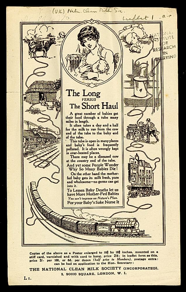 document with images of the journey of milk from cow to baby with a breast-fed baby in the centre