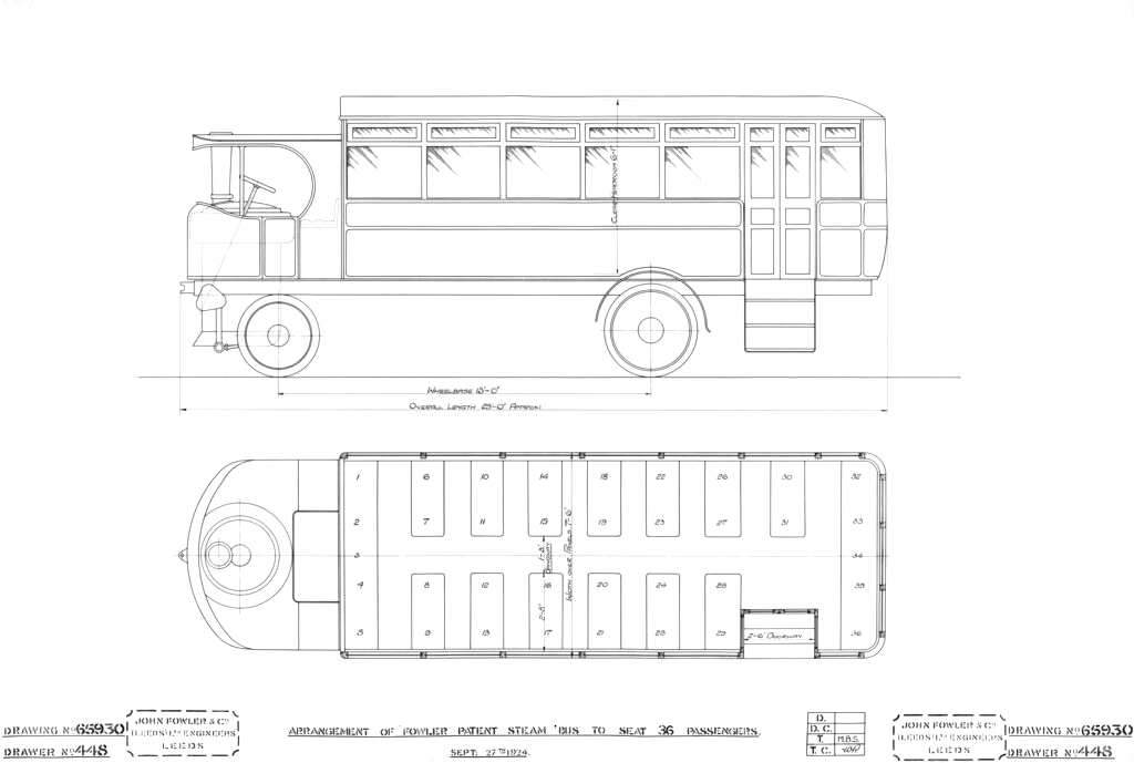 Arrangement of Fowler Patent steam bus to seat 36 passengers (27 Sept 1924) [TR FOW DO1/65930]